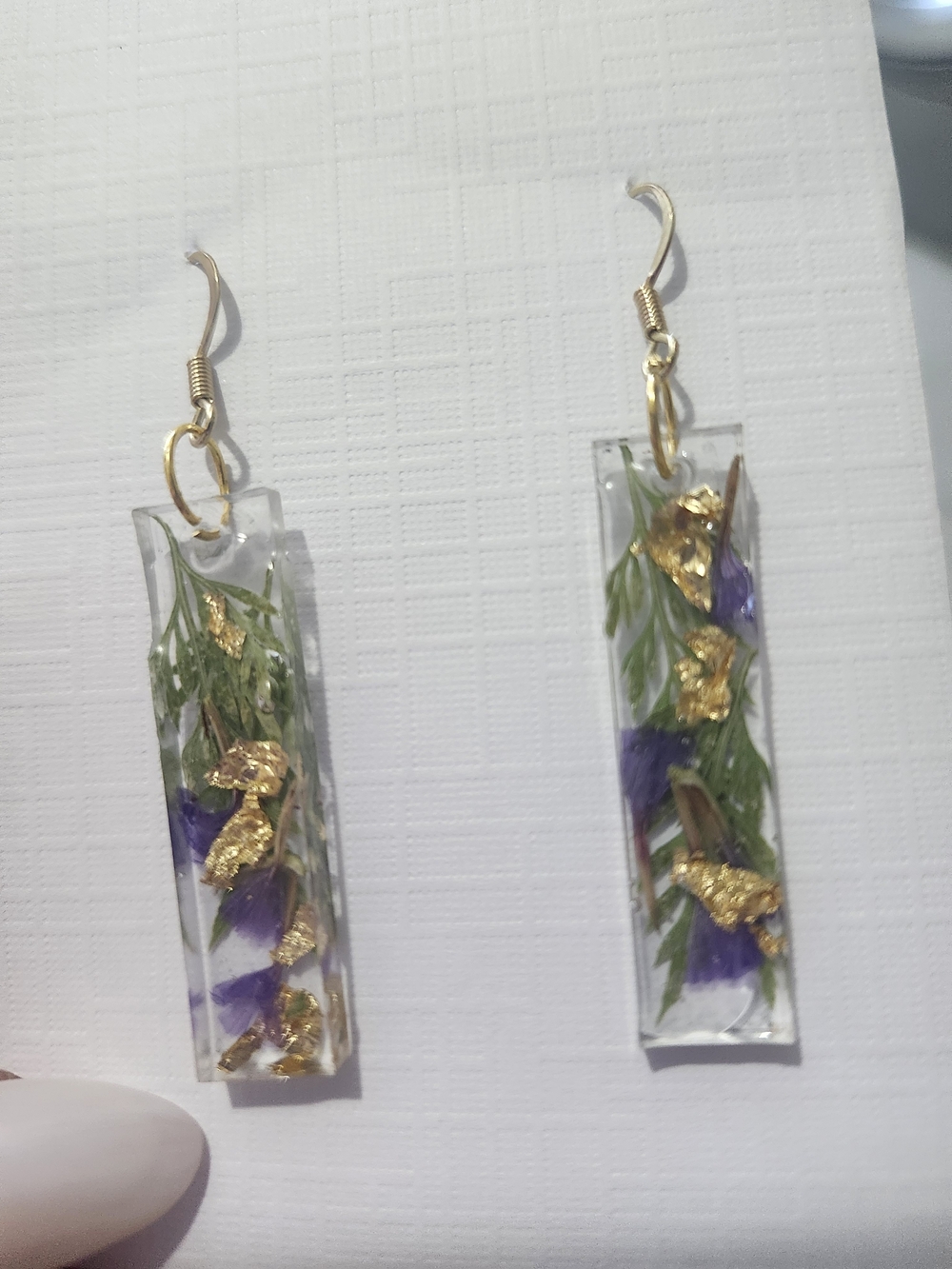 Gold-Accent Purple Floral Resin Drop Earrings - Women